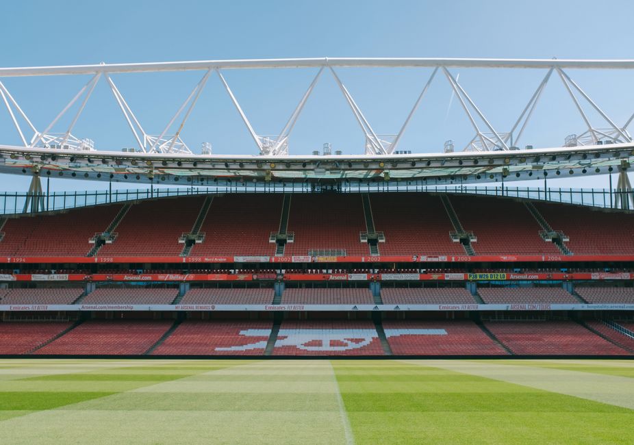 View of empty stands at Emirates Stadium, London, home of Arsenal FC.